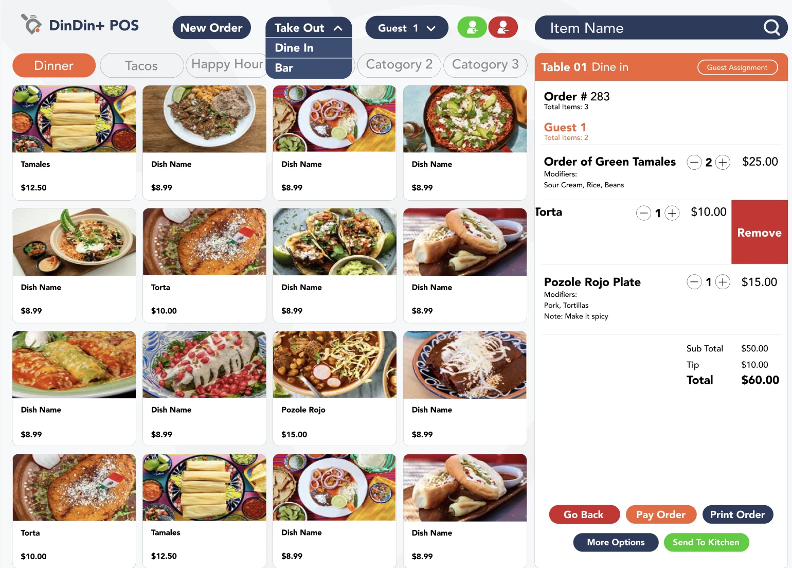 DinDin+ POS order-taking screen with a menu grid and a live order summary for a dine-in table