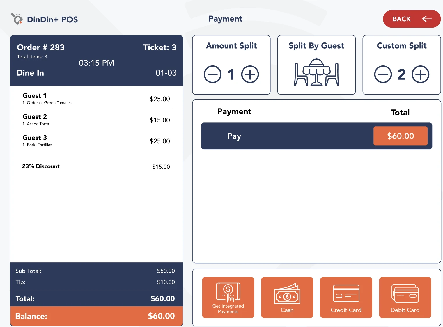 DinDin+ POS payment screen with amount split, split by guest, and custom split options