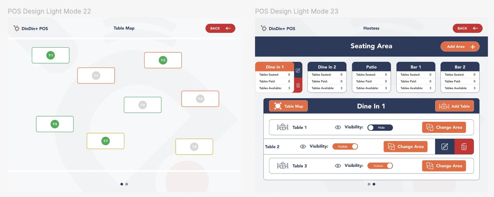 DinDin+ POS table map and hostess seating area configuration screens