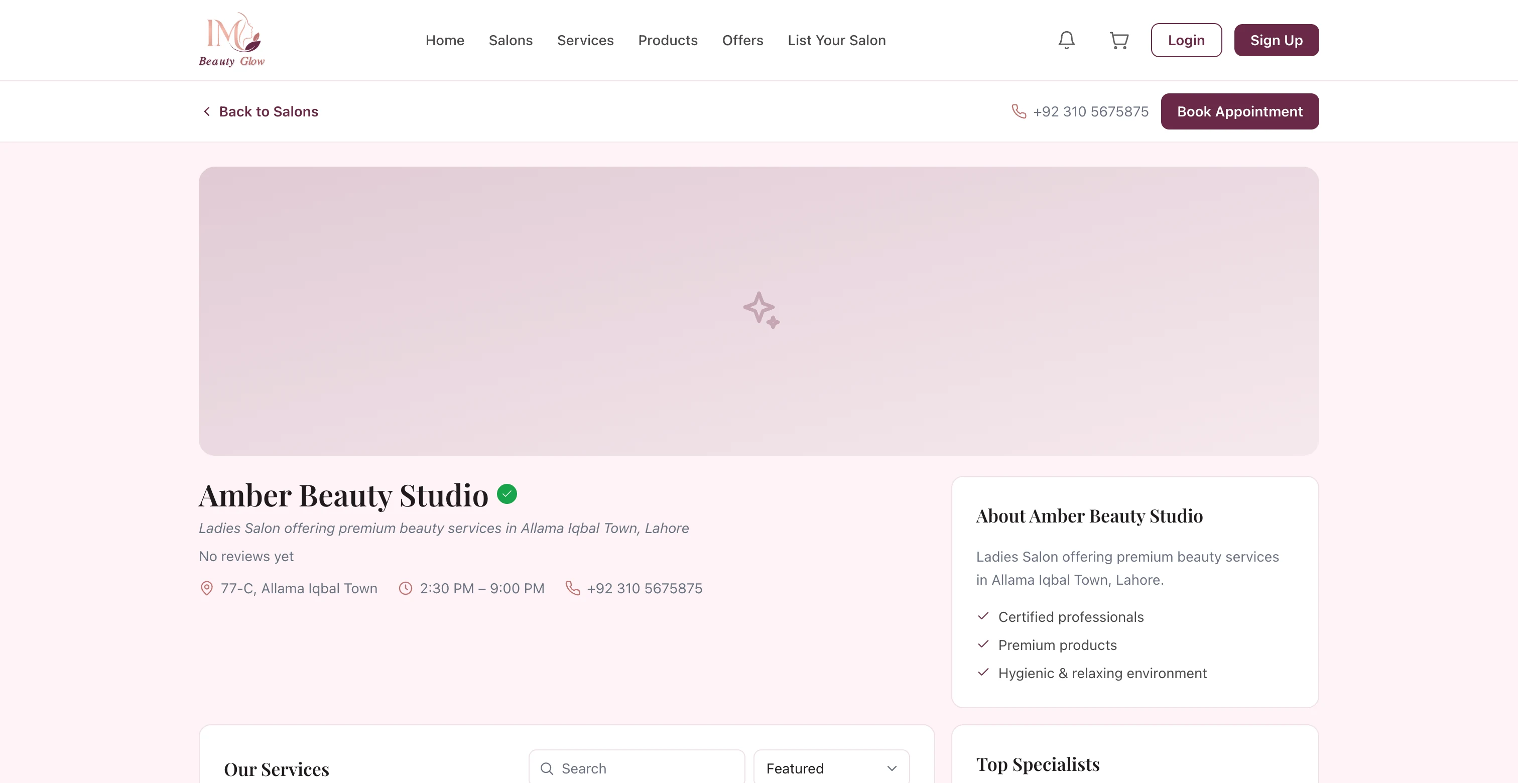 IM Beauty Glow salon detail page for Amber Beauty Studio showing services list and top specialists