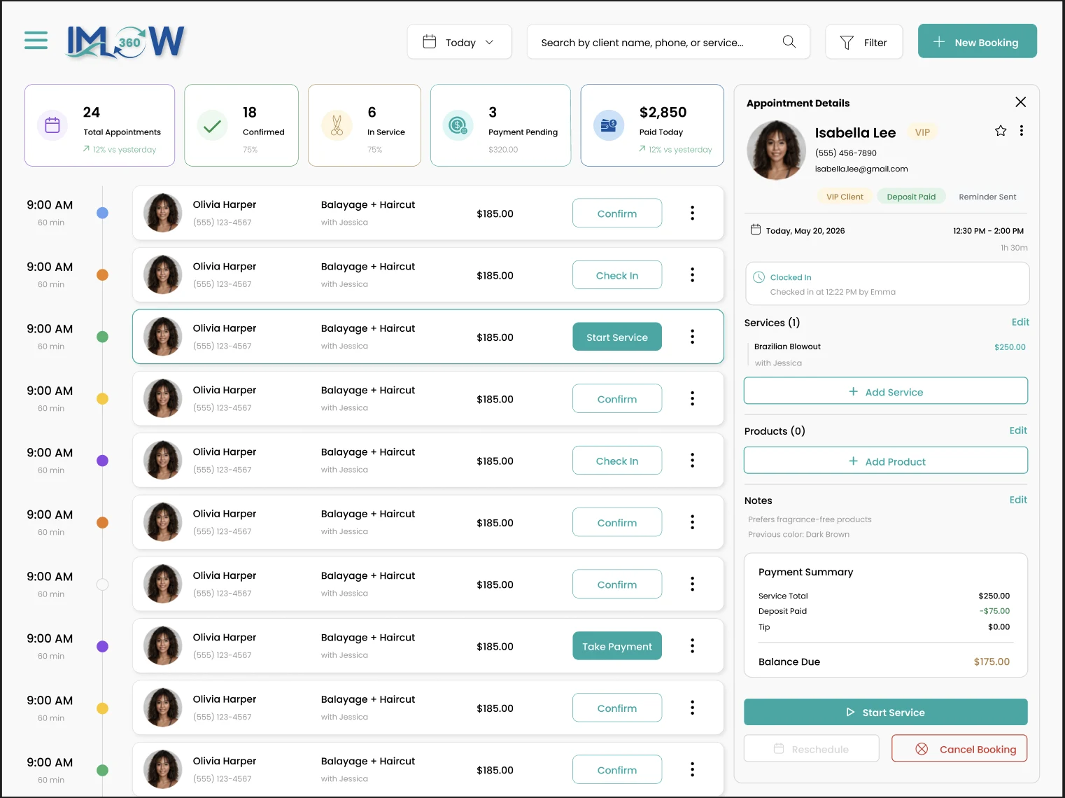 IMFlow360 appointment details panel showing a VIP client profile, services, and payment summary