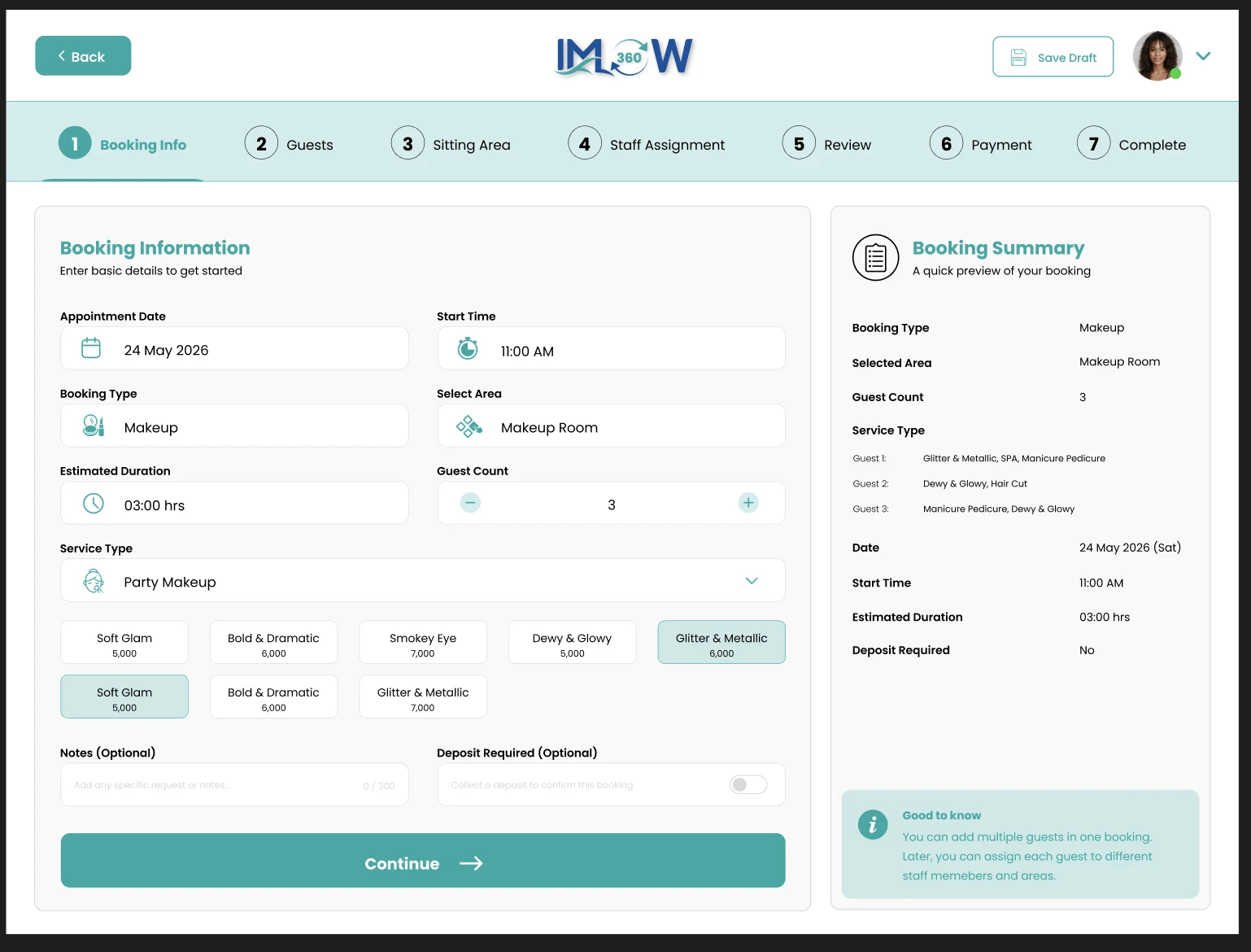 サービスの階層選択とライブ予約サマリーを備えたIMFlow360の複数ゲスト予約ウィザード