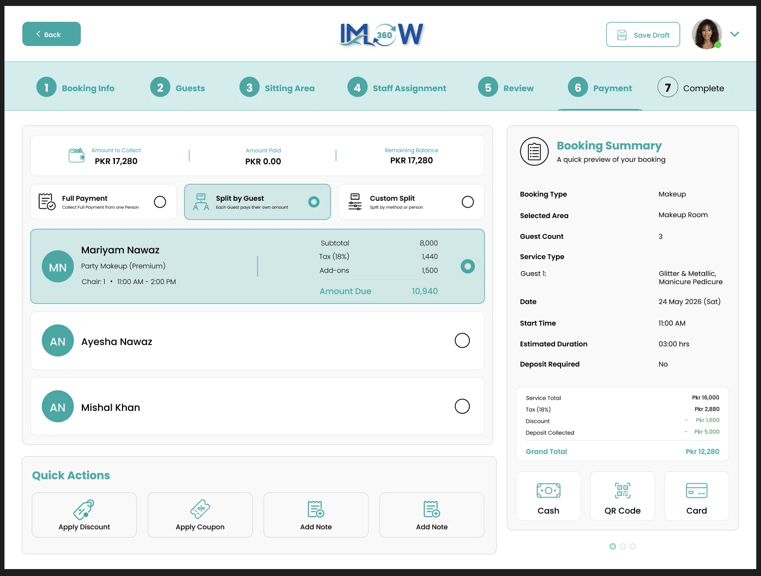 全額決済、ゲスト別分割、カスタム分割のオプションを備えたIMFlow360の会計画面