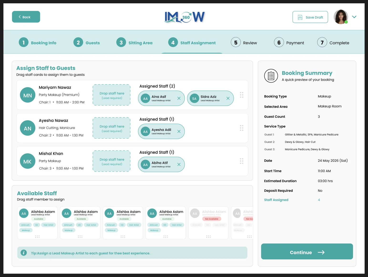 IMFlow360 staff assignment screen with drag-and-drop staff cards assigned to each guest and chair