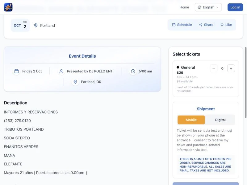 صفحة فعالية في miBoletazo مع التفاصيل ولوحة التذاكر التي تعرض السعر والرسوم والتوفر وخيارات التسليم