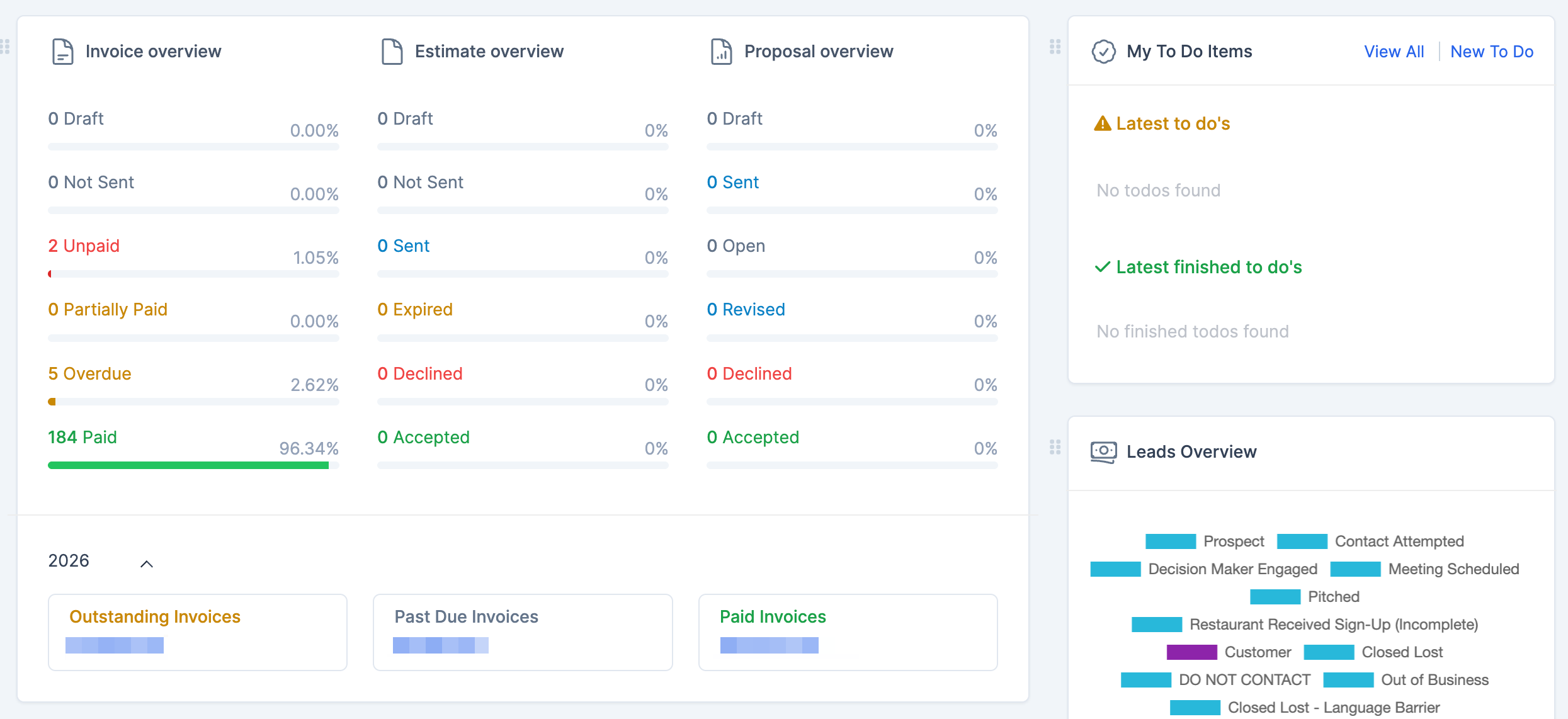 لوحة Omnitech CRM للفواتير والتقديرات والعروض والمهام ومسار العملاء المحتملين