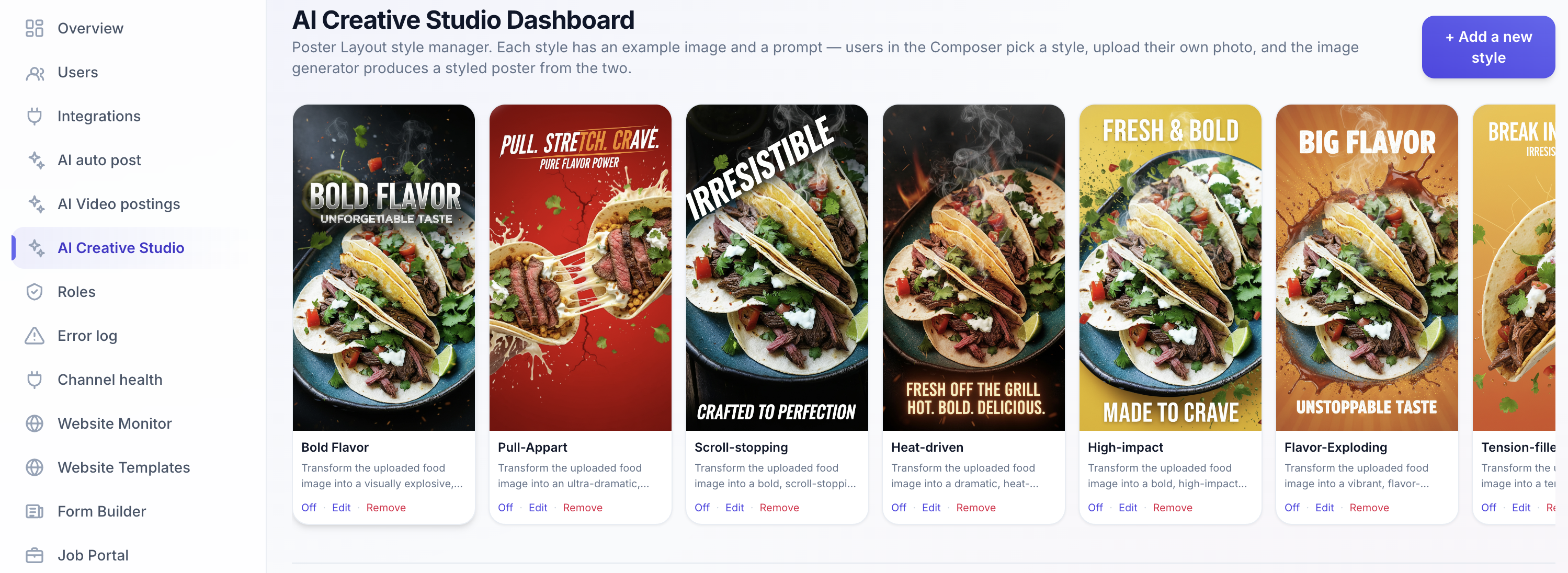 MyOmniHub AI Creative Studio showing reusable food advertising poster styles