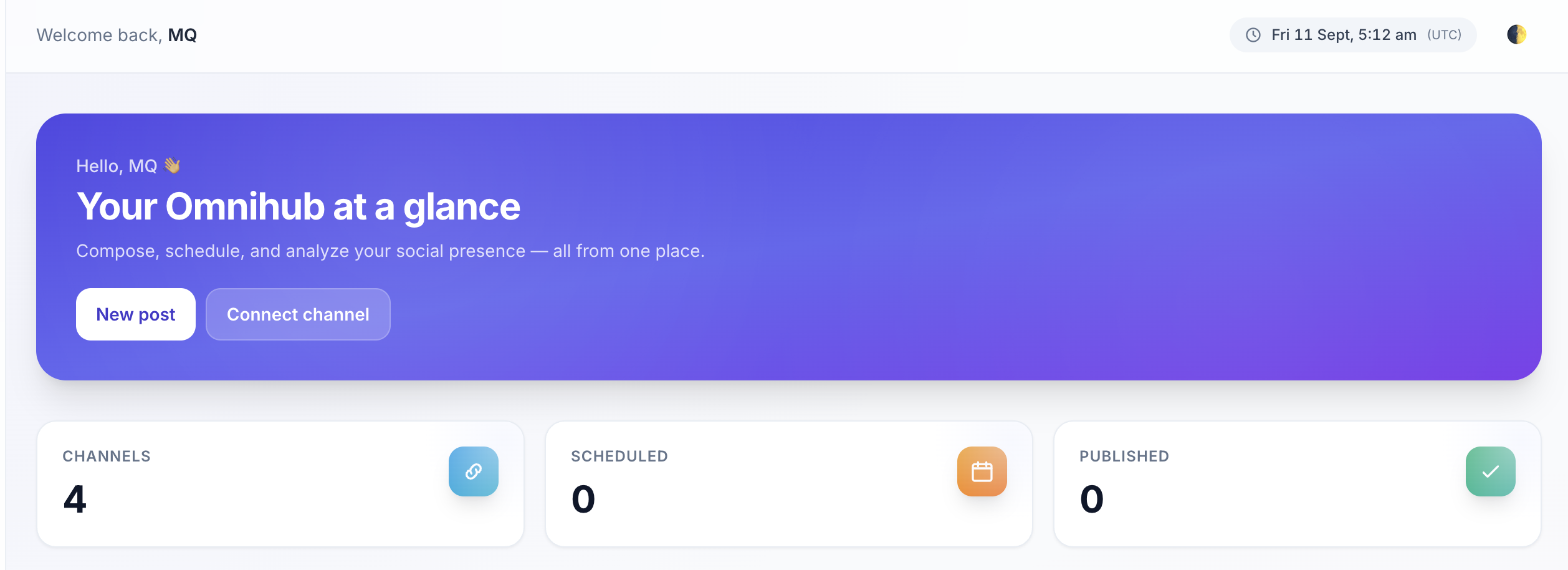 Dashboard tenant di MyOmniHub con quattro canali social collegati